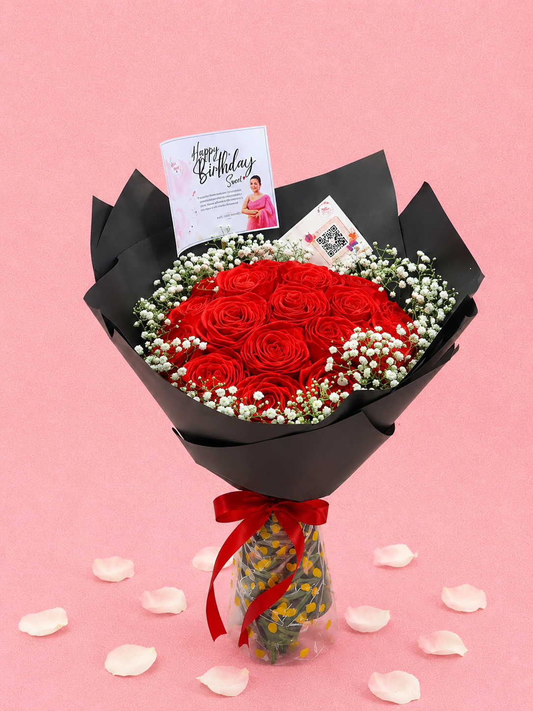 Handmade Red Rose Flower Bouquet with Black Wrapping Paper Thumbnail