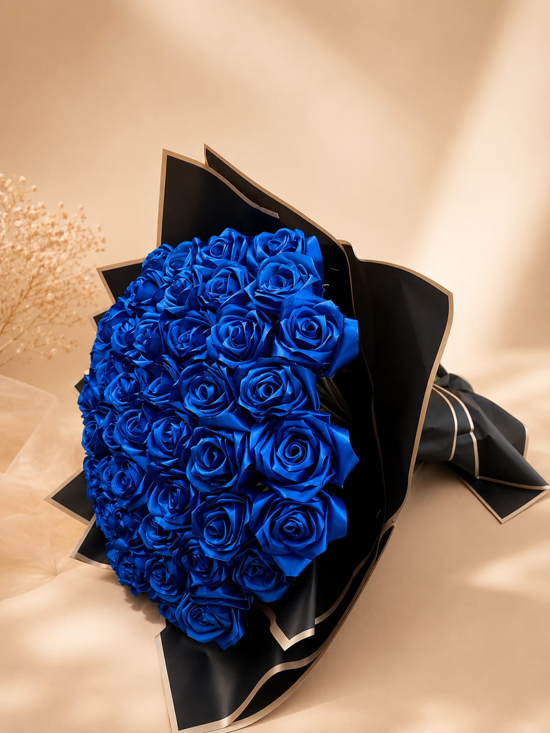 Handmade Blue Rose Flower Bouquet with Black Wrapping Paper