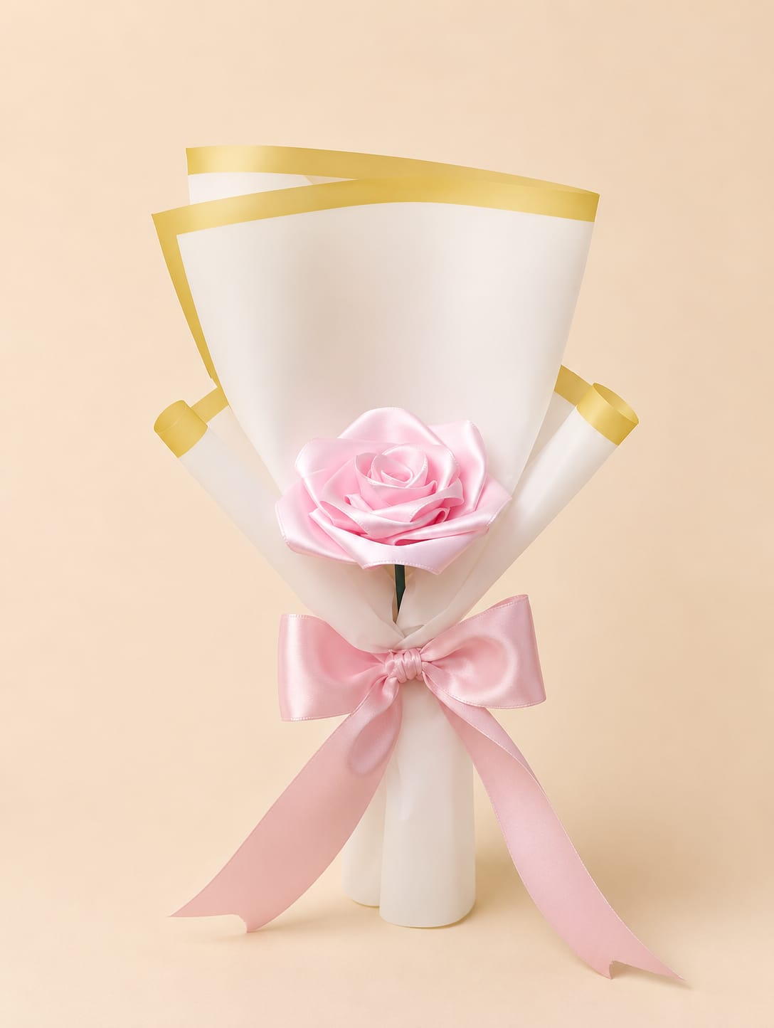 Handmade Single Pink Flower Bouquet with White Wrapping Paper