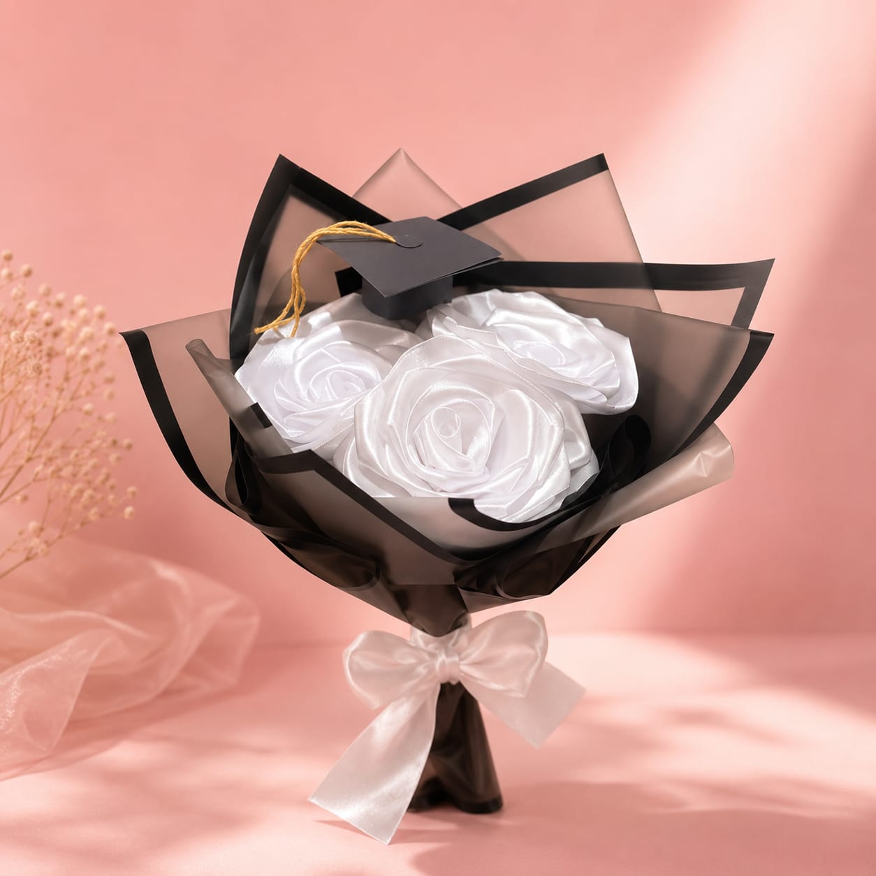 Handmade White Flower Bouquet with Black Wrapping Paper