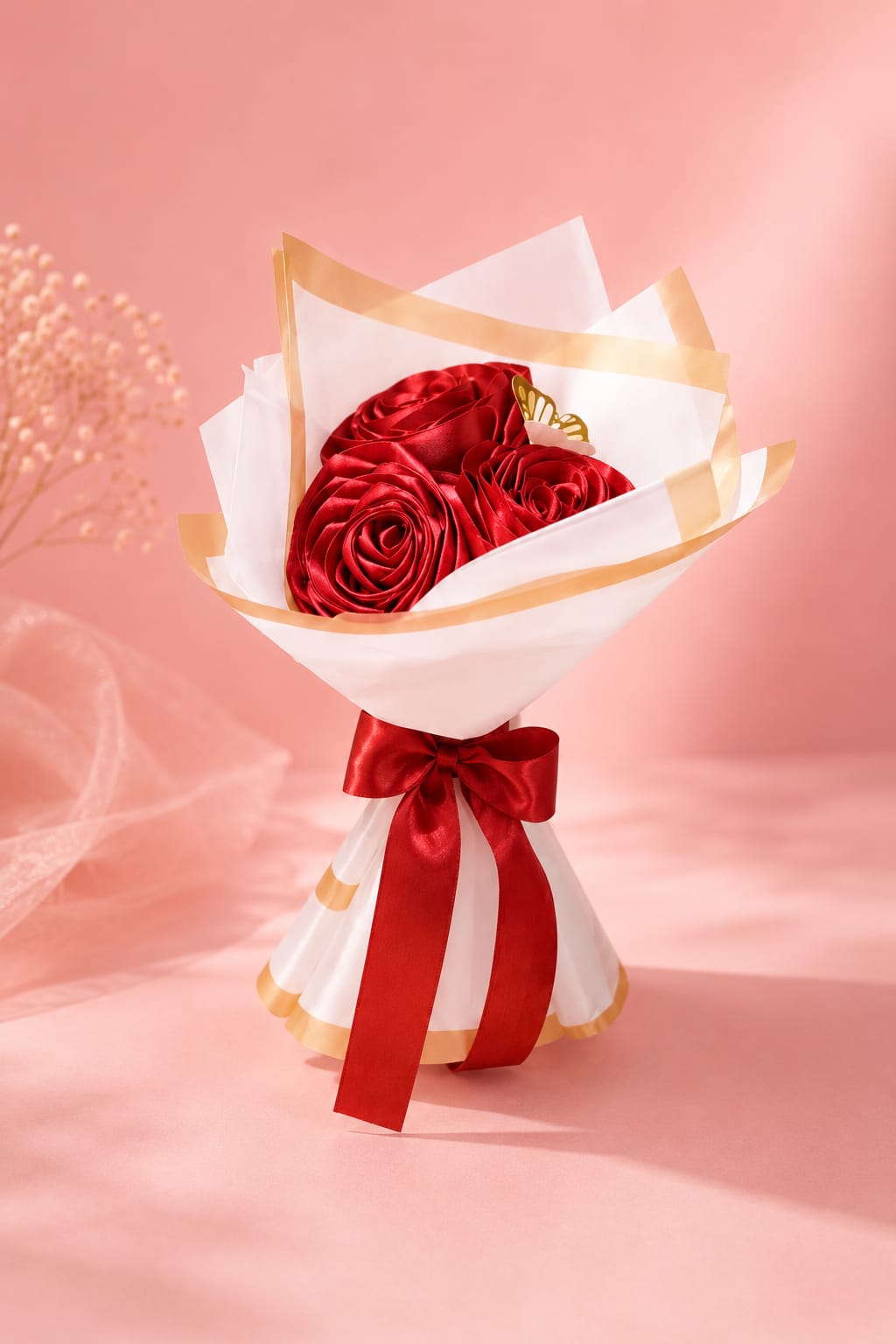 Handmade Red Flower Bouquet with White Wrapping Paper Thumbnail