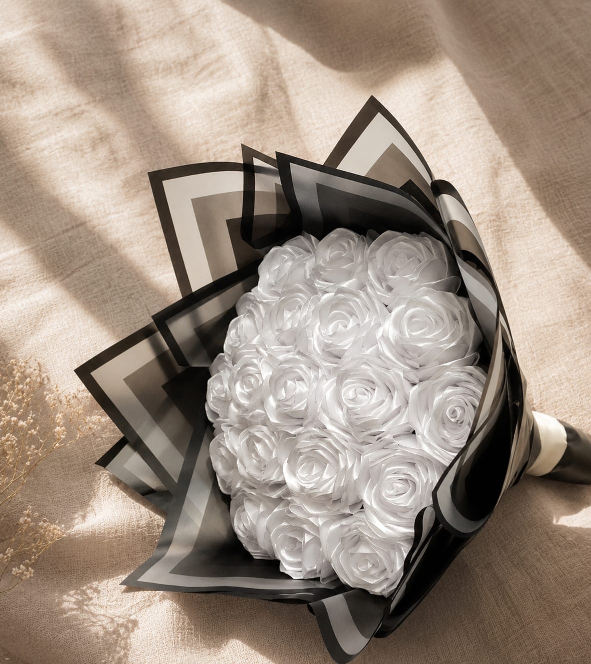 Handmade White Rose Flower Bouquet with Black Wrapping Paper