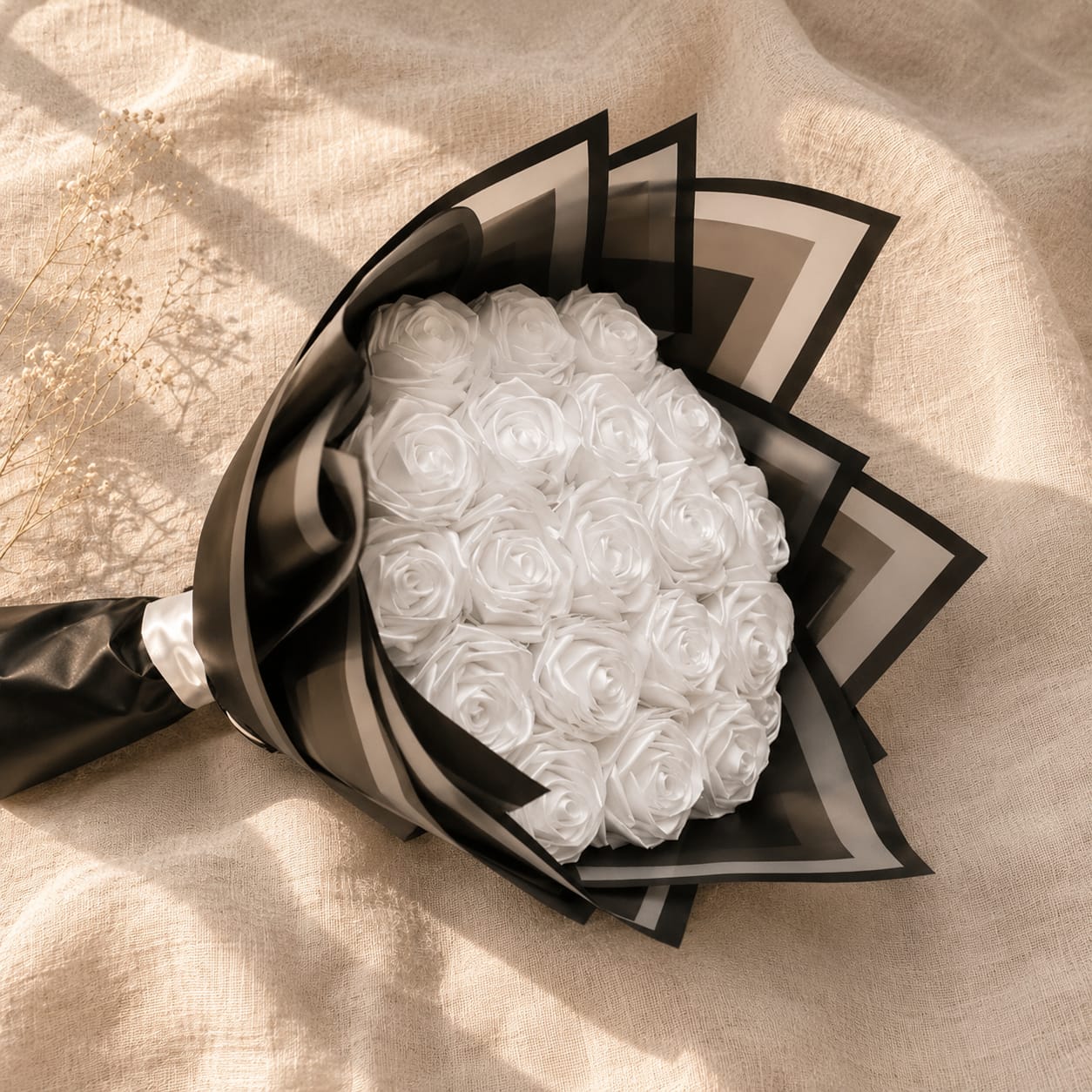 Handmade White Rose Flower Bouquet with Black Wrapping Paper Thumbnail