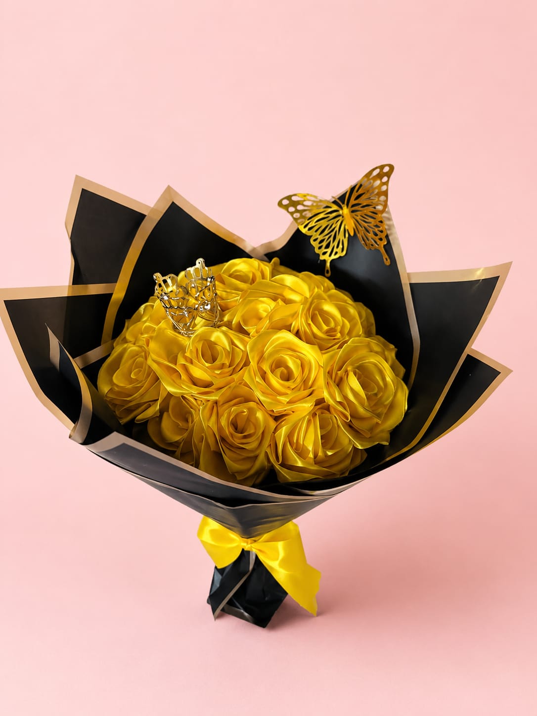 Handmade Yellow Rose Flower Bouquet with Black Wrapping Paper