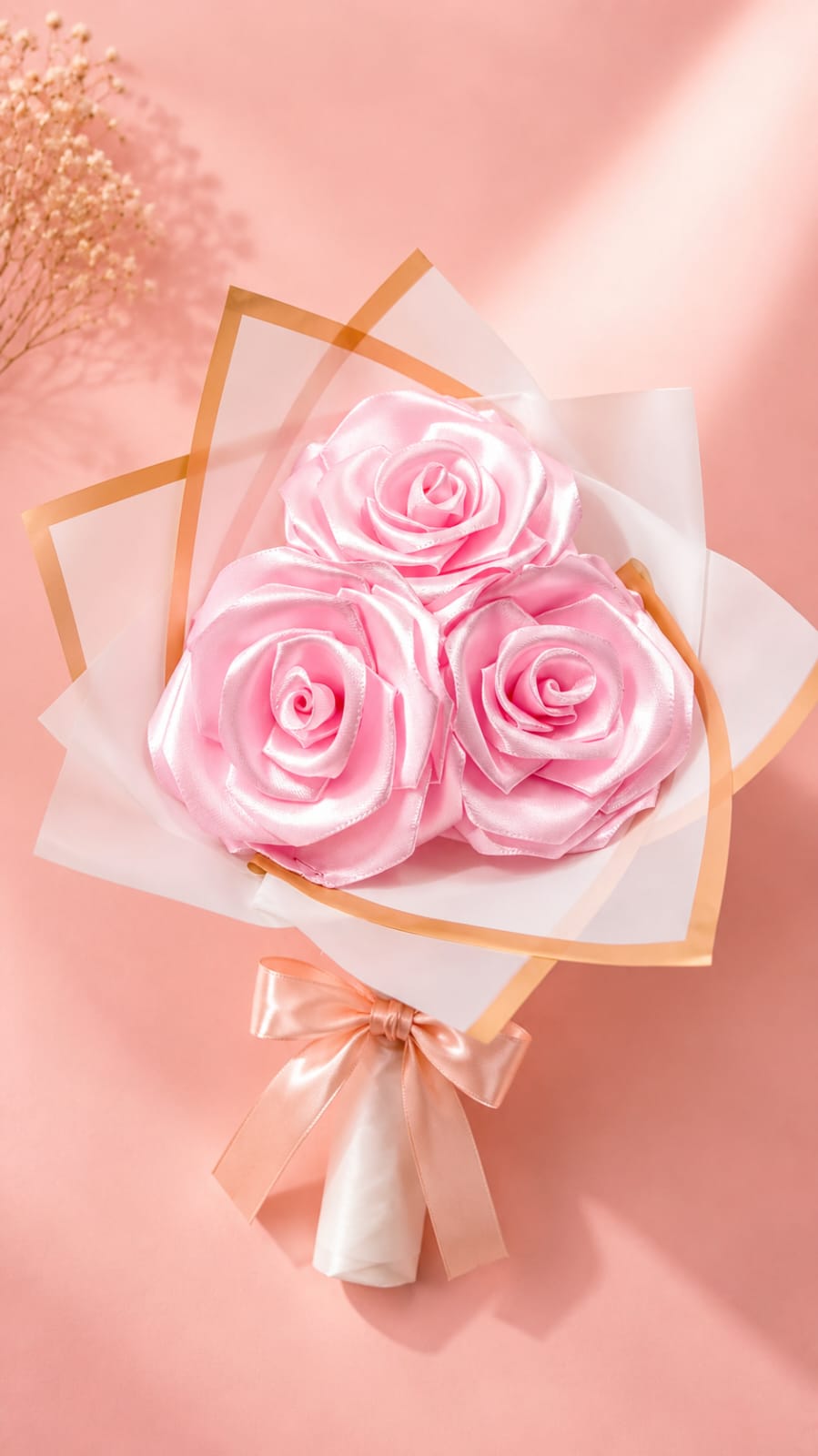 Handmade Pink Rose Flower Bouquet with White Wrapping Paper