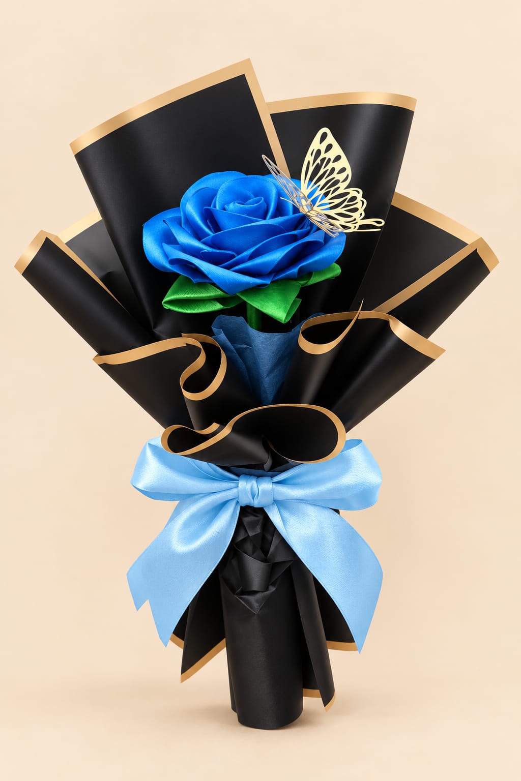 Handmade Single Blue Rose Flower Bouquet with Black Wrapping Paper