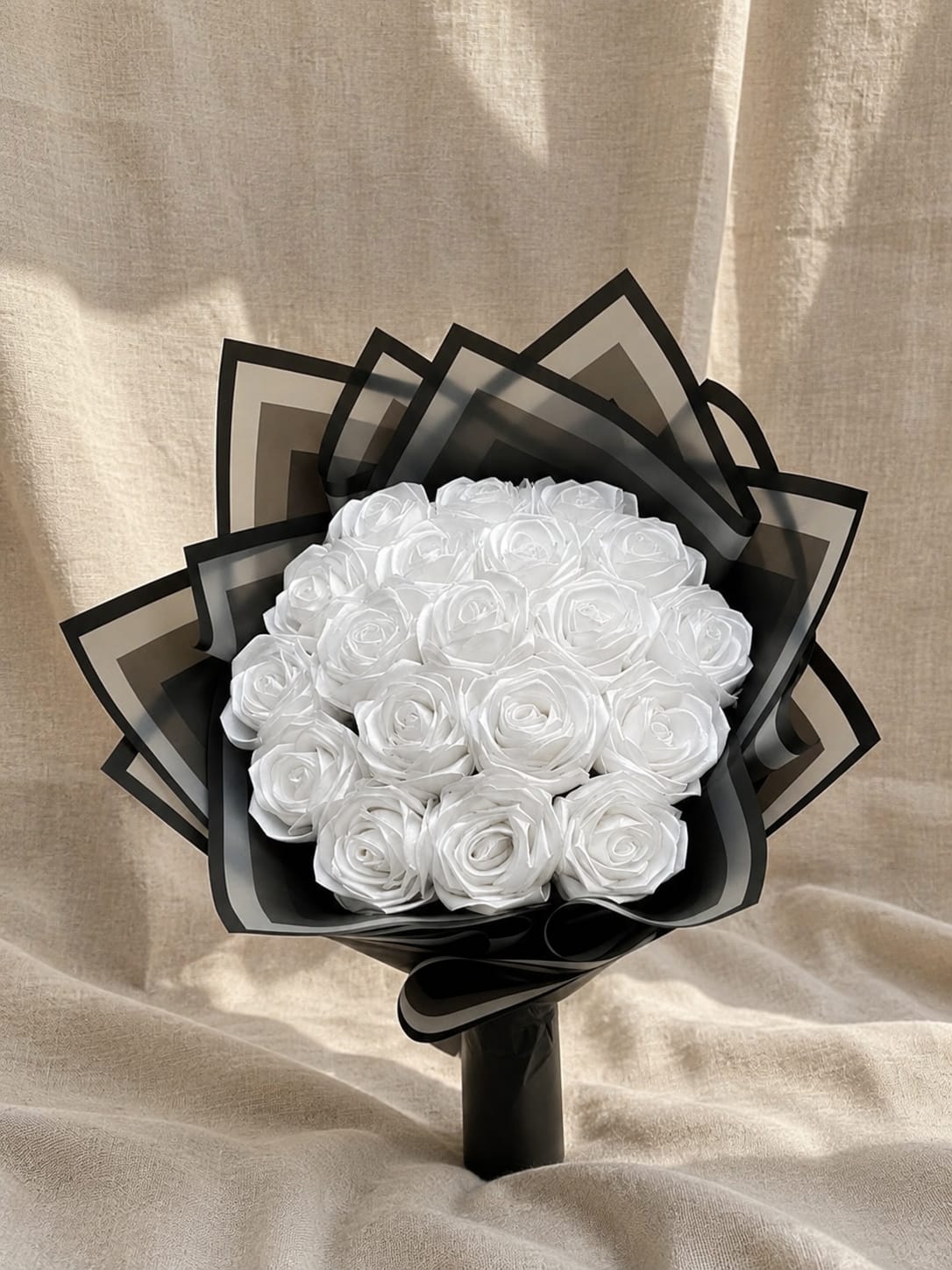 Handmade White Rose Flower Bouquet with Black Wrapping Paper Thumbnail