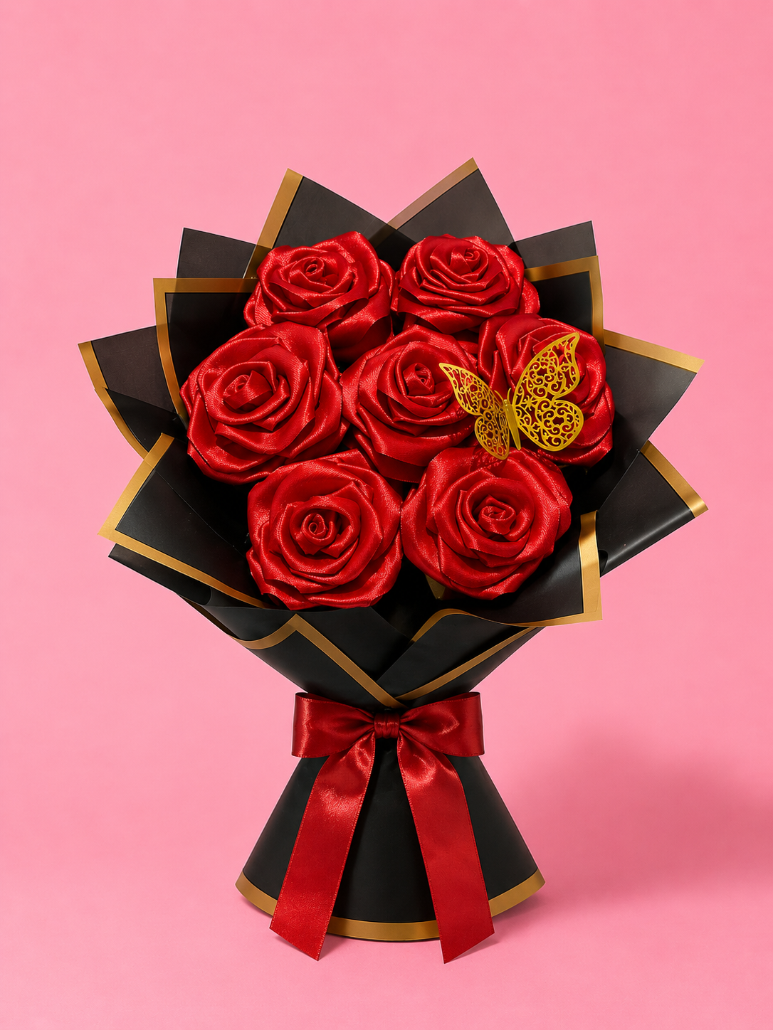 Handmade Red Rose Flower Bouquet with Black Wrapping Paper and Butterfly Decoration