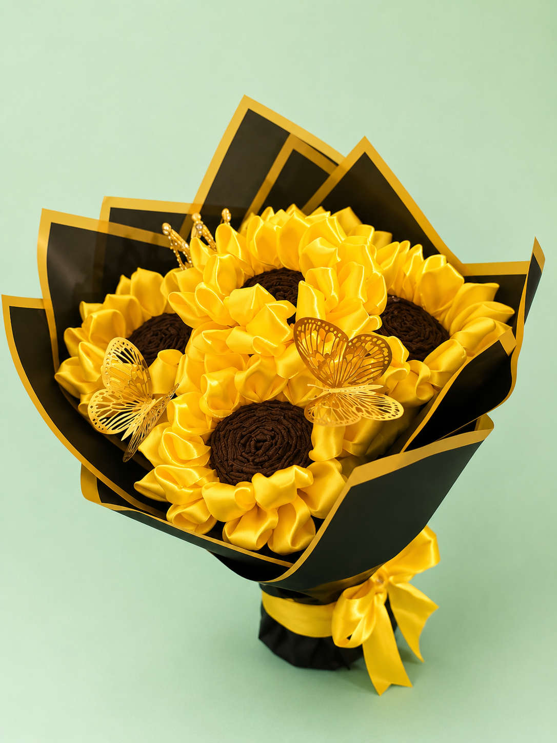 Handmade Sunflower Bouquet with Black Wrapping Paper and Butterfly Decoration
