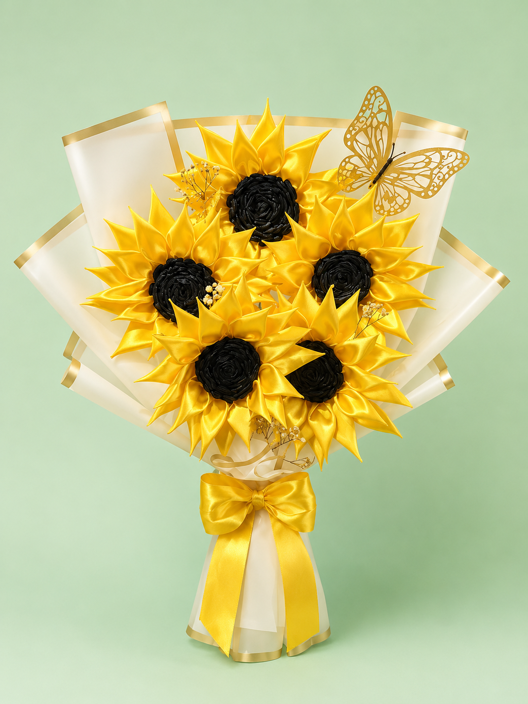 Handmade Sunflower Bouquet with White Wrapping Paper and Butterfly Decoration