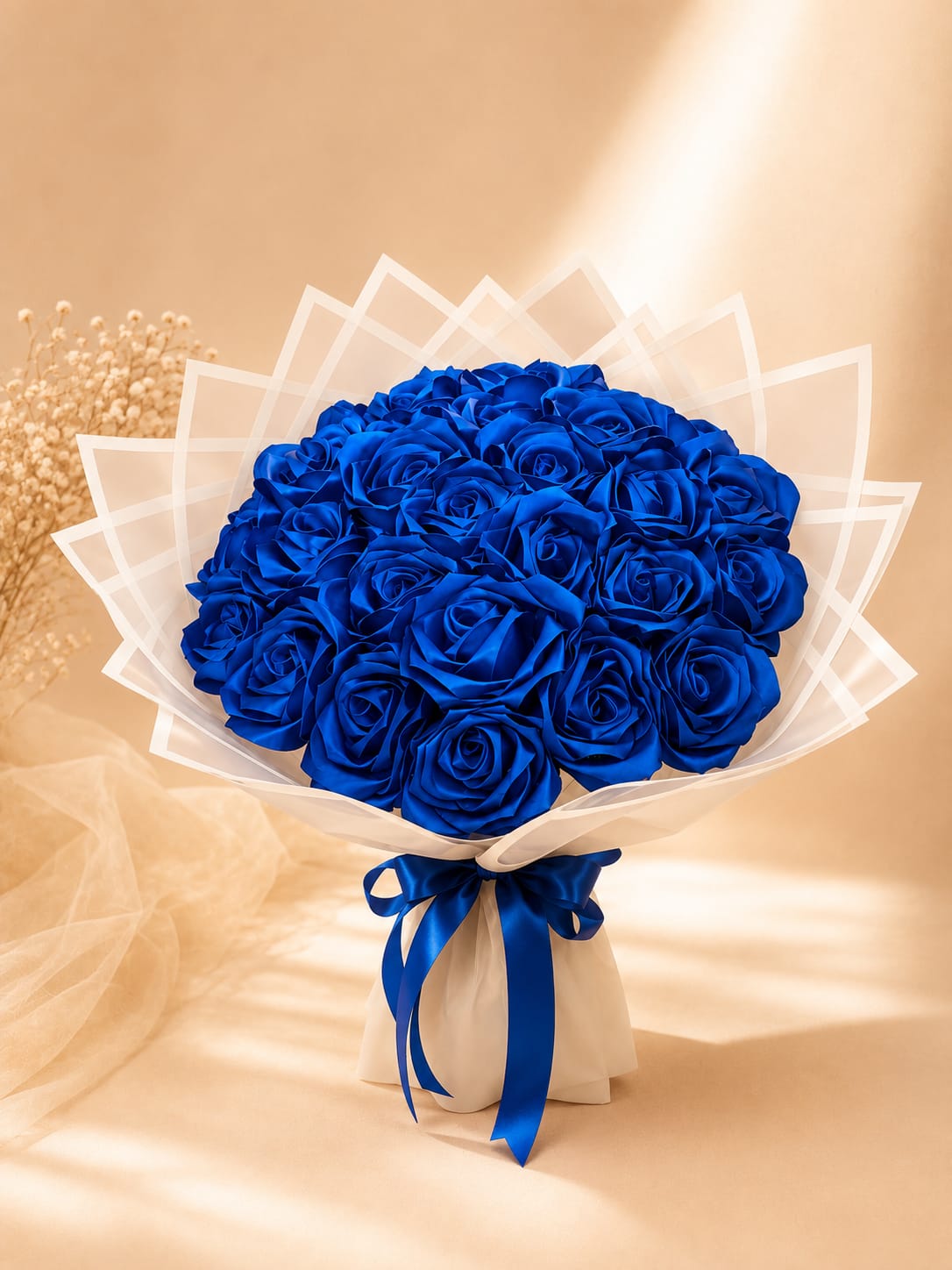 Handmade Blue Rose Flower Bouquet with White Wrapping Paper