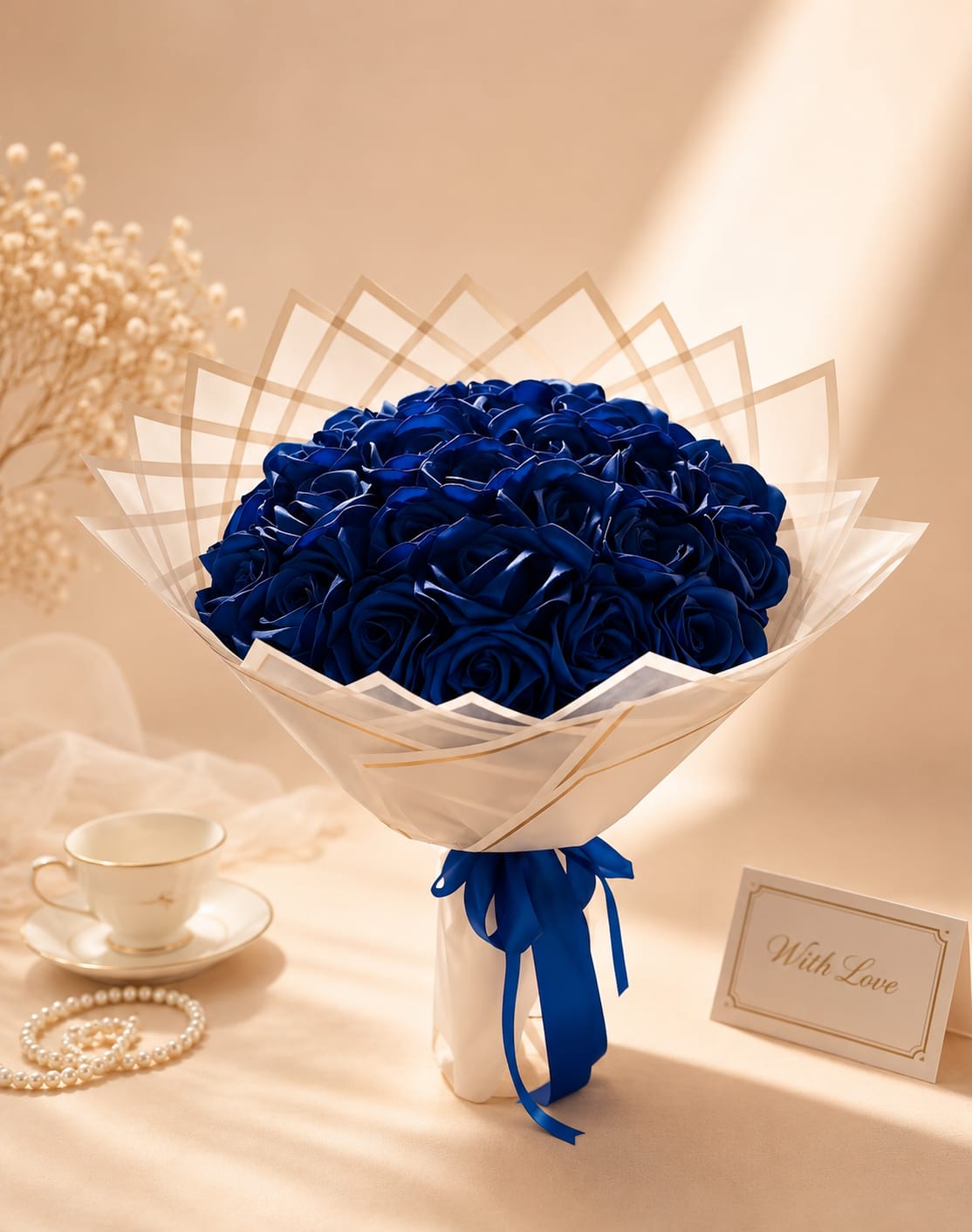 Handmade Blue Rose Flower Bouquet with White Wrapping Paper Thumbnail