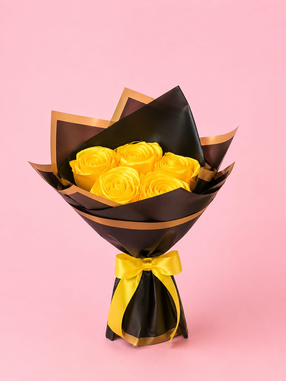 Handmade Yellow Rose Flower Bouquet with Black Wrapping Paper